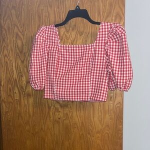 Chic Red Checkered Square Neck Blouse